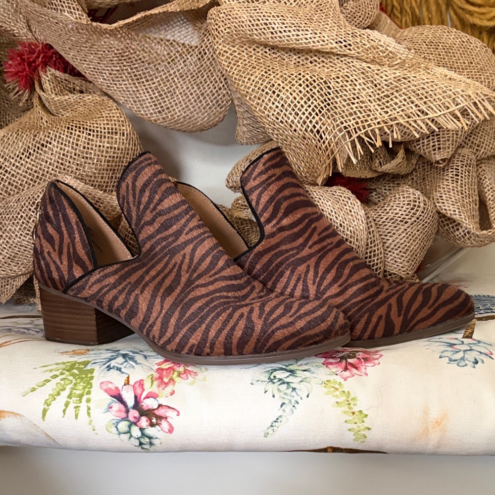 New Directions Brown Zebra Print Ankle Booties